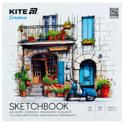 Скетчбук KITE 21*21 см., 30 аркушів для маркерів, Creative (K-1282)