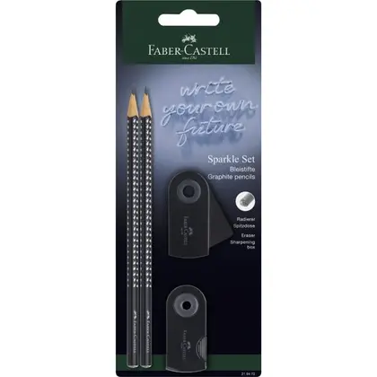 Чорнографітний олівець Faber-Castell GRIP SPARKLE 2 шт., B гумка, точилка, Чорні, (218472)