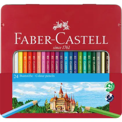 Цветные карандаши в наборе Faber-Castell, 24 цвета, металлический пенал, (115824)