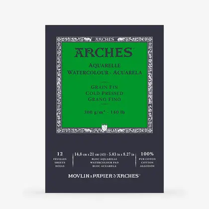 Альбом для акварели Arches, А5, 12 листов, 300 г/м2, 100% хлопок, Cold Pressed, Природный белый, (1795090)