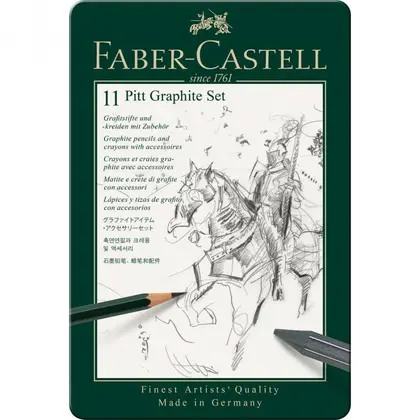 Карандаши чернографитные Faber-Castell в наборе, 11 предметов, PITT, металлический пенал, (112972)