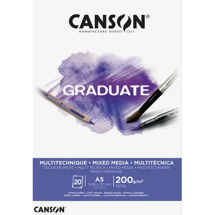 Альбом для акварелі Canson Graduate Mix Media А5, 20 аркушів 200 г/м2, склейка, Белый, (C400110376)