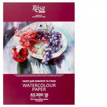 Папір для акварелі в папці ROSA Studio А3, 10 аркушів 200 г/м2, дрібне зерно, (16921001)
