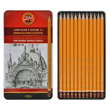 Чернографитные карандаши Koh-i-noor в наборе, 12 шт., 8В-2Н, металлический пенал, (1502.II)