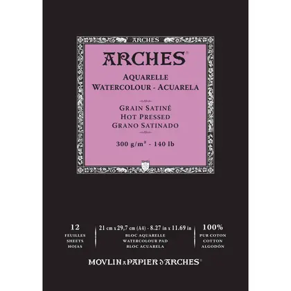 Альбом для акварелі Arches А4, 12 аркушів 300 г/м2, 100% бавовна, Hot Pressed, Природний білий, (1795096)