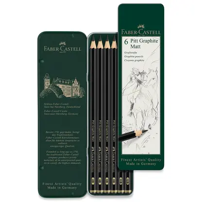Чернографитные карандаши Faber-Castell в наборе, 6 шт., 2B-12B, металевий пенал, PITT MATT GRAPHITE, (115207)