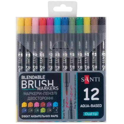 Маркеры художественные в наборе Santi, 12 цветов, Brush Marker, Двухсторонние, акварельные, (391055)