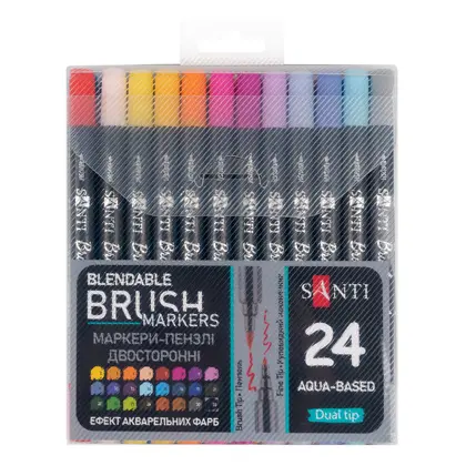 Маркеры художественные в наборе Santi, 24 цветов, Brush Marker, Двухсторонние, акварельные, (391056)