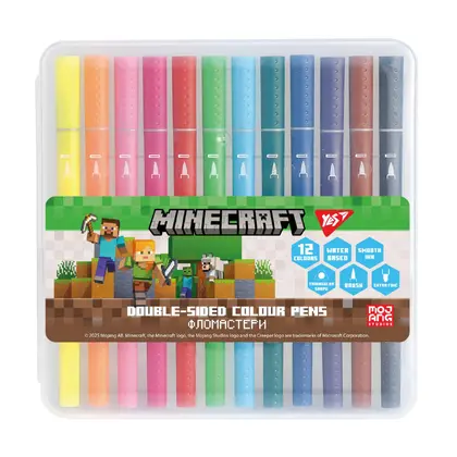 Фломастеры YES в наборе, 12 цветов, Minecraft, Двусторонние, (650574)