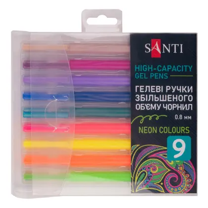 Ручки в наборе Santi, 9 цветов, 0.8 мм., NEON, гелевые, (420472)