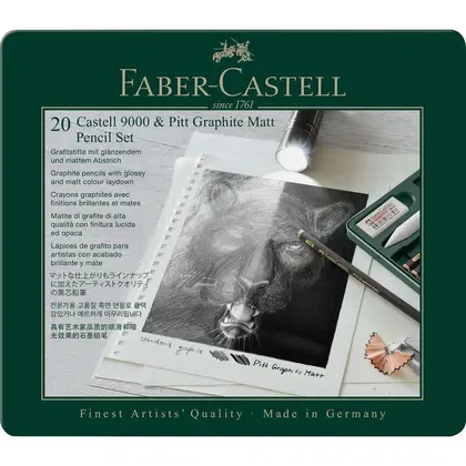 Чорнографітні олівці Faber-Castell в наборі 20 предметів металевий пенал, PITT GRAPHITE MATT & CASTELL 9000 (115224)