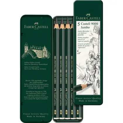Чорнографітні олівці Faber-Castell в наборі 5 шт., HB-8B металевий пенал, CASTELL 9000 JUMBO (119305)