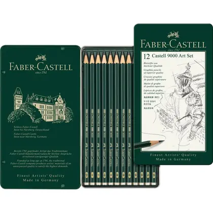 Чернографитные карандаши Faber-Castell в наборе, 12 шт. 2Н-8В, металлический пенал, CASTELL 9000 (119065)