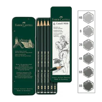 Чернографитные карандаши Faber-Castell в наборе, 6 шт., HB-8B, металевий пенал, CASTELL 9000, (119063)