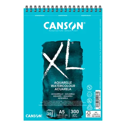 Альбом для акварелі Canson XL Aquarelle A5, 20 аркушів 300 г/м2, на спіралі, Cold Pressed, Білий, (0082-843)
