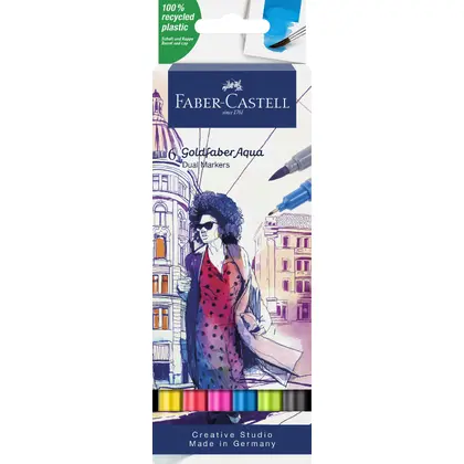 Маркеры художественные акварельные в наборе Faber-Castell, 6 цветов, GoldFaber, двусторонние AQUA, (164606)