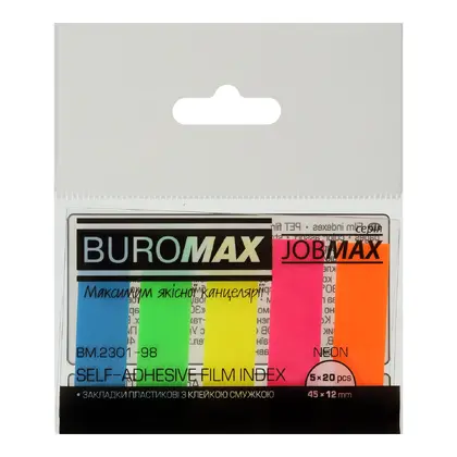 Стікери закладки Buromax 12*45 мм., 100 шт. пластикові, 5 неонових кольорів, JOBMAX (BM.2301-98)