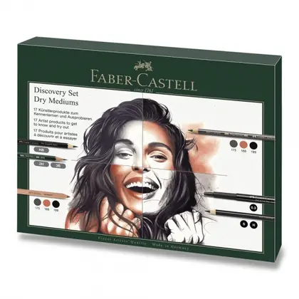 Чернографитные карандаши Faber-Castell в наборе, 17 предметов, DISCOVERY SET DRY MEDIUMS, металлический пенал, (112925)