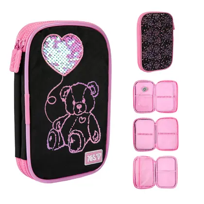 Пенал шкільний YES 1 відділення мьякий, з LED, Чорний, Pink Bear (533777)